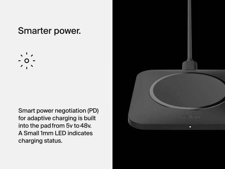 The Belkin BoostCharge Universal Easy Align Wireless Charging Pad 15W features smart power negotiation for adaptive charging and a tiny 1mm LED indicator to display charging status.