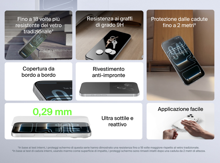 Composto da un vetro fino a 18 volte pi&ugrave; resistente rispetto al vetro standard, con durezza di 9H per prevenire i graffi, Il proteggi schermo Belkin ScreenForce InvisiGlass per iPhone vanta una protezione dalle cadute da un'altezza di 2 metri, un design ultra sottile con spessore di soli 0,29 mm, un rivestimento anti-impronte e una facile applicazione da bordo a bordo.
