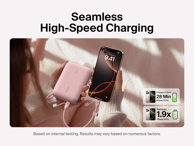 Belkin BoostCharge Power Bank 10K with Display shown delivering high-speed 20W charging to an iPhone 16 Pro, charging 0–50% in 28 minutes and providing up to 1.9 full recharges.
