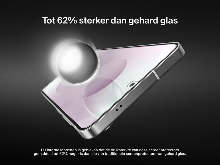 Afbeelding van een Samsung Galaxy S25 Edge met een gloeiende zilveren kogel die het scherm raakt, om aan te geven dat de screenprotector tot wel 62% sterker is dan gewoon gehard glas.