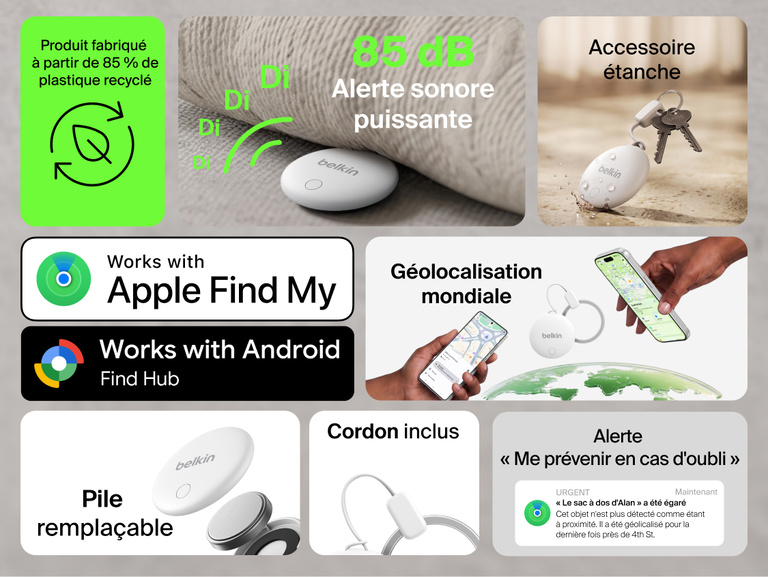 Image du tracker Belkin SureFind Spot et de ses caract&eacute;ristiques comme sa compatibilit&eacute; avec Apple&nbsp;Find&nbsp;My et Google&nbsp;Find&nbsp;Hub, sa g&eacute;olocalisation mondiale, son alerte sonore de 85&nbsp;dB, sa batterie rempla&ccedil;able, son &eacute;tanch&eacute;it&eacute; et sa dragonne.