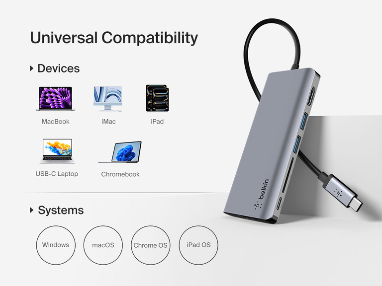 Image showing the Belkin Connect USB-C 6-in-1 Multiport Hub with labeled compatibility for devices like MacBook, iMac, iPad, USB-C laptops, and Chromebooks, and support for Windows, macOS, Chrome OS, and iPadOS systems.