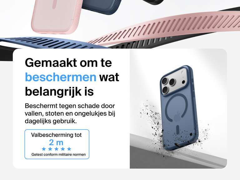 Belkin SheerForce Grip Series Case for iPhone 17 shown with textured grip and impact protection against drops.