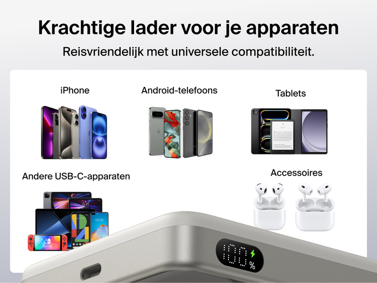 Belkin UltraCharge Slim Magnetic Power Bank 10K showcasing universal compatibility with iPhone, Android phones, USB-C devices, tablets, and wireless accessories for travel-ready charging