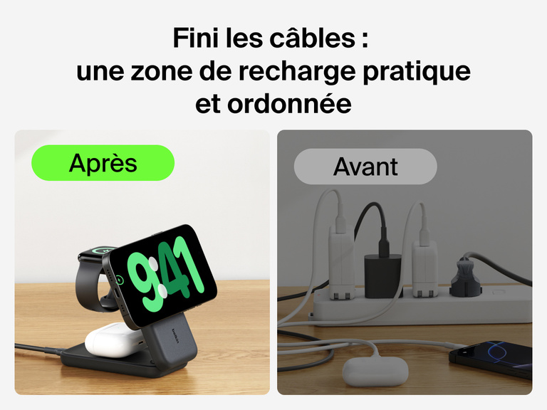 Socle de recharge 3-en-1 aimanté et pliable Belkin UltraCharge avec Qi2 (25 W) offrant une solution de recharge pratique en comparaison avec une solution de recharge filaire avec des câbles emmêlés.