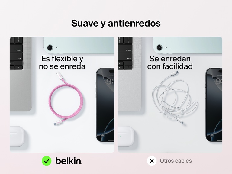 Imagen en paralelo mostrando el cable USB-C a USB-C de 60 W Belkin BoostCharge, haciendo hincapié en sus cualidades de suavidad, flexibilidad y antienredos, en comparación con otros cables convencionales que se enmarañan con facilidad.