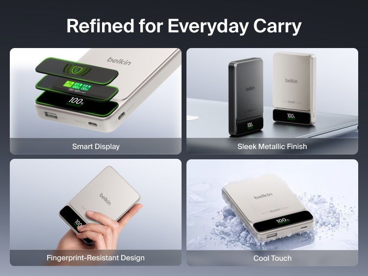 Belkin UltraCharge Pro Power Bank 10K with BoostSolid Cell features a smart display, sleek metallic finish, fingerprint-resistant design and cool-touch construction.