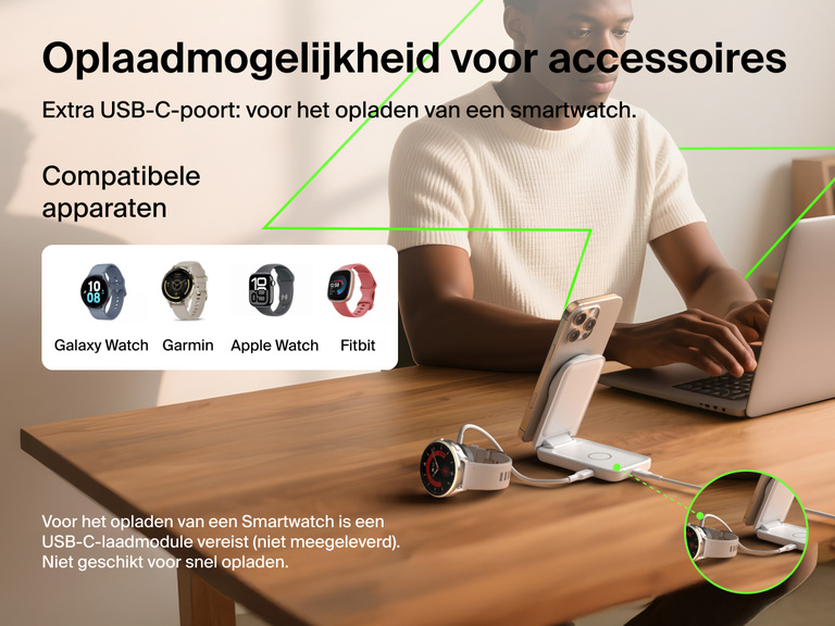 Afbeelding van de Belkin UltraCharge 2-in-1 uitklapbare magnetische lader met Qi2 25W tijdens het opladen van een iPhone en smartwatch via de extra USB-C-poort, compatibel met Apple Watch, Galaxy Watch, Garmin en Fitbit.