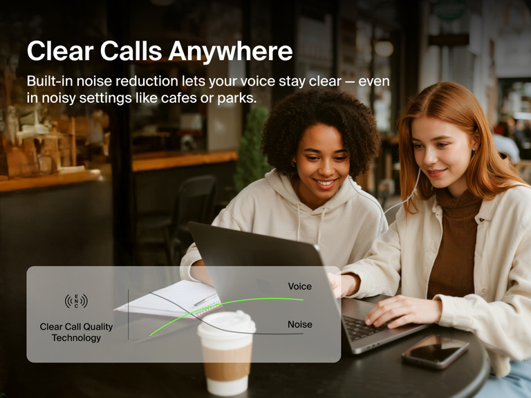 Belkin SoundForm ANC Wired Earbuds with USB-C® feature built-in noise reduction for clear call quality in busy environments like cafes or parks.