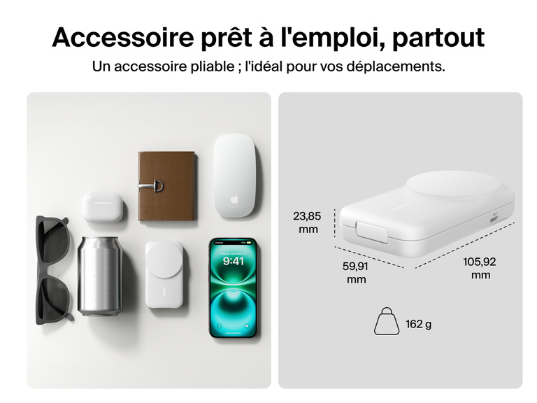 Socle de recharge 2-en-1 aimanté et pliable Belkin UltraCharge avec Qi2 25 W au design compact, idéal pour les déplacements, avec un poids de 162 g, parfait pour charger partout.