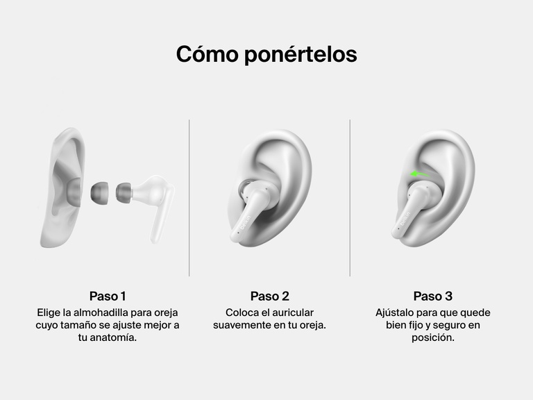 Imagen que explica cómo llevar puestos los auriculares ANC Belkin SoundForm Rhythm en tres pasos: elegir el tamaño correcto de almohadilla para oreja, insertar ambos auriculares en las orejas y ajustar suavemente su emplazamiento para conseguir la posición más segura y cómoda.