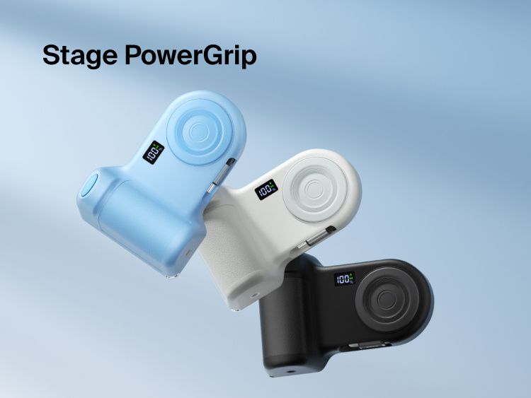 Belkin Stage PowerGrip portable wireless charger in black, white, and blue variants displayed against a light gradient background, each showing a digital battery indicator.