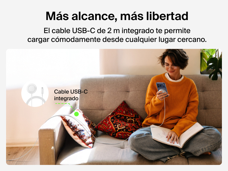 Se muestra el largo cable USB-C de 2 metros incluido con el cargador magn&eacute;tico con Qi2 de 25 W Belkin UltraCharge. Permite al usuario cargar con comodidad sus dispositivos m&oacute;viles desde la otra esquina de la habitaci&oacute;n.