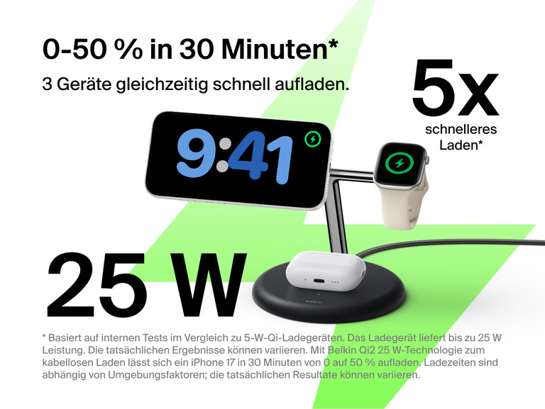 Belkin UltraCharge 3-in-1 Wireless Charging Stand with Qi2 25W charging iPhone, Apple Watch, and AirPods simultaneously on a compact vertical dock