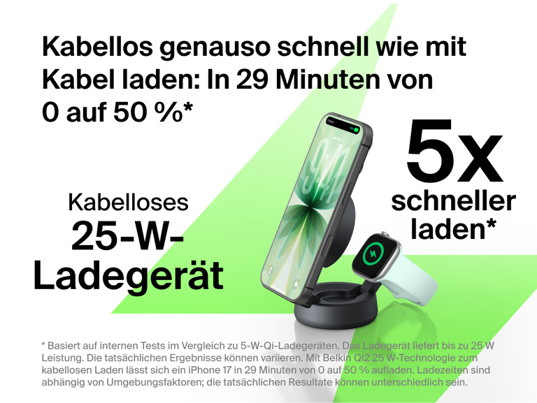 Mit der Belkin UltraCharge Pro verstellbaren, magnetischen 2-in-1-Ladestation mit Qi2 25W erfolgt kabelloses Laden bis zu 5-mal schneller. Sie liefert 25&nbsp;W Leistung und l&auml;dt ein kompatibles Smartphone in 29&nbsp;Minuten von 0 auf 50&nbsp;% auf.