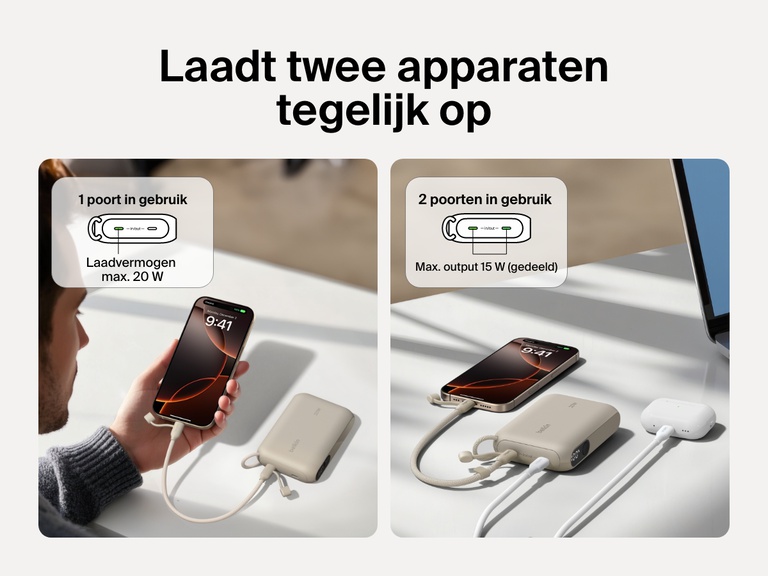 Visuele vergelijking van de Belkin BoostCharge 10.000mAh-powerbank met display die één apparaat met 20 W of twee apparaten tegelijk met een gedeeld uitgangsvermogen van 15 W oplaadt, waarbij een smartphone en draadloze oordopjes op een tafel van stroom worden voorzien.