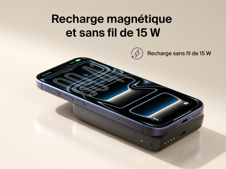 Slim Magnetic Power Bank 10K with Qi2 magnetically attached beneath smartphone demonstrating wireless charging connection