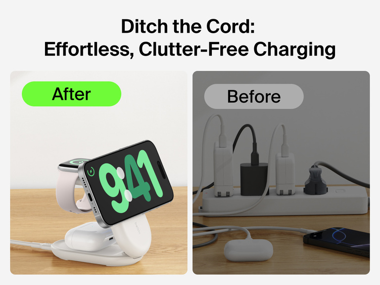 Belkin UltraCharge 3-in-1 Foldable Magnetic Charger with Qi2 25W shown delivering clutter-free charging for multiple devices compared to a tangled wired setup.