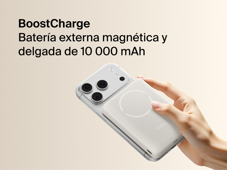 Slim Magnetic Power Bank 10K with Qi2 magnetically attached to smartphone held in hand demonstrating wireless charging alignment