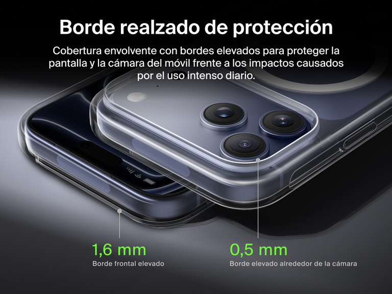 Belkin SheerForce Clear Series Case for iPhone 17 with elevated edge protection featuring 1.6mm front raised edge and 0.5mm camera raised edge for 360-degree coverage.