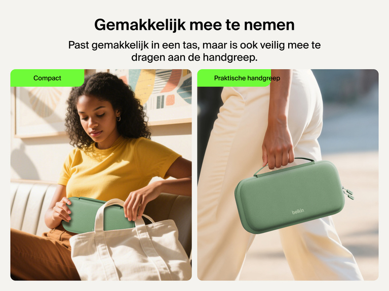 The Belkin Gaming Charging Case for Nintendo Switch 2 is shown being easily packed into a tote and carried by hand, highlighting its portable size and convenient handle for travel.