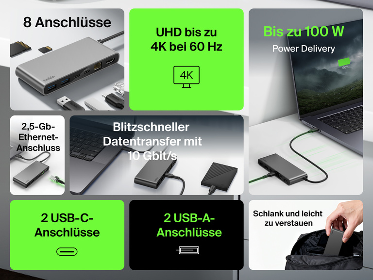Belkin Connect 8-Port-USB-C-Hub mit 2,5 Gb Ethernet-Anschluss auf einem Schreibtisch. Folgende Merkmale werden hervorgehoben: 100 W Power Delivery, Datentransfer mit 10 Gbit/s, Unterstützung für eine Bildauflösung von 4K, die schlanke Form für bequemen Transport, mehrere Anschlüsse wie USB-C, USB-A und Ethernet für erweiterte Konnektivität.
