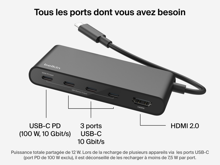 Belkin Connect 5-Port USB-C Hub with 4K HDMI includes 100W PD input, three USB-C 10Gbps ports, and HDMI 2.0 output.