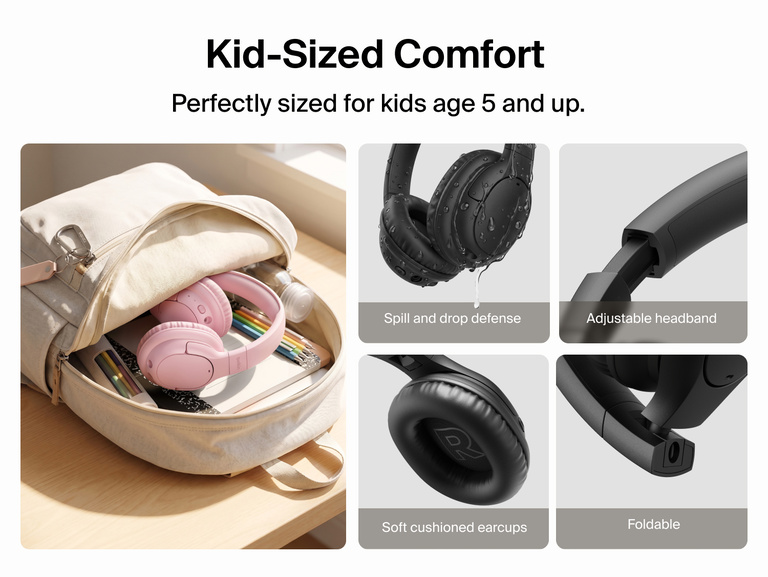 SoundForm Play Active Noise Cancelling Headphones for Kids packed inside a backpack, next to close-up shots of the water-resistant earcups, adjustable headband, soft cushioned earcups, and foldable design