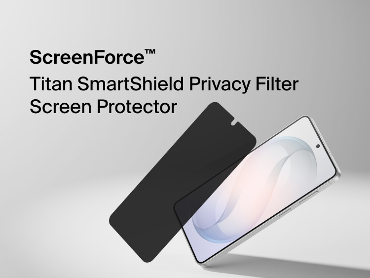 Belkin ScreenForce Titan SmartShield Privacy Filter Screen Protector for Samsung Galaxy S26 shown partially applied to a smartphone, demonstrating edge-to-edge screen coverage and privacy protection that limits side viewing angles.
