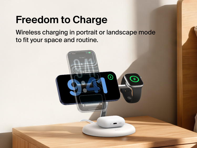 Belkin UltraCharge 3-in-1 Wireless Charging Stand with Qi2 25W charging iPhone in portrait and landscape modes alongside Apple Watch and AirPods on a bedside table