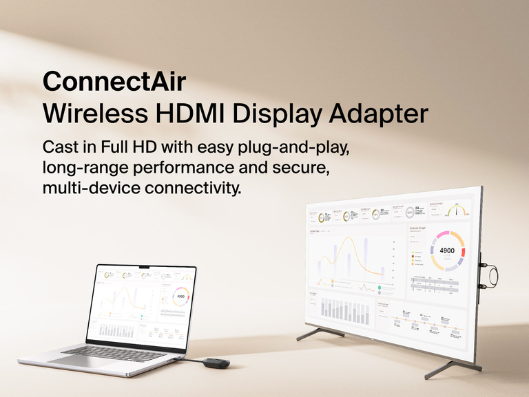 Belkin ConnectAir Wireless HDMI Display Adapter shown casting a laptop screen to a larger monitor for seamless Full HD, long-range, plug-and-play streaming.