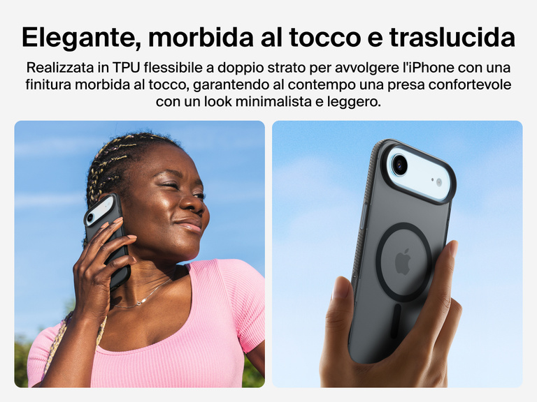 Belkin SheerForce Grip Series Case for iPhone 17 with slim translucent design and soft-touch finish for a comfortable grip.