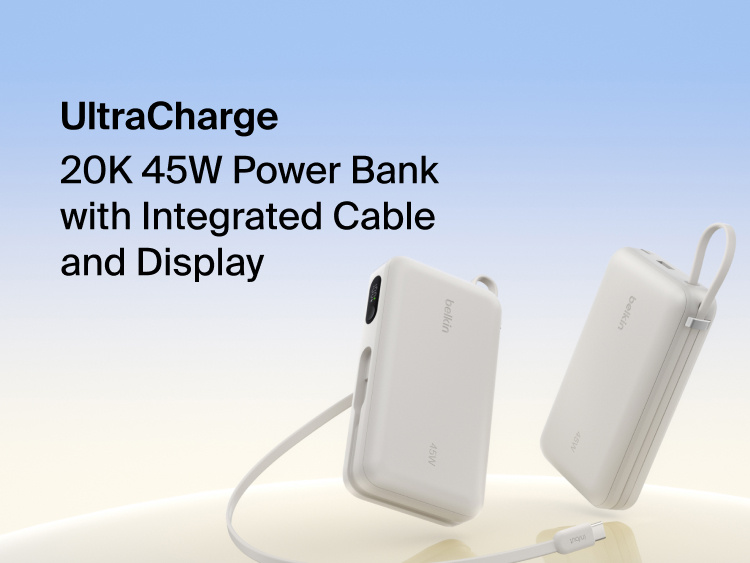 Belkin UltraCharge 20K 45W power bank with integrated USB-C cable and digital display showing portable high-capacity fast charging solution