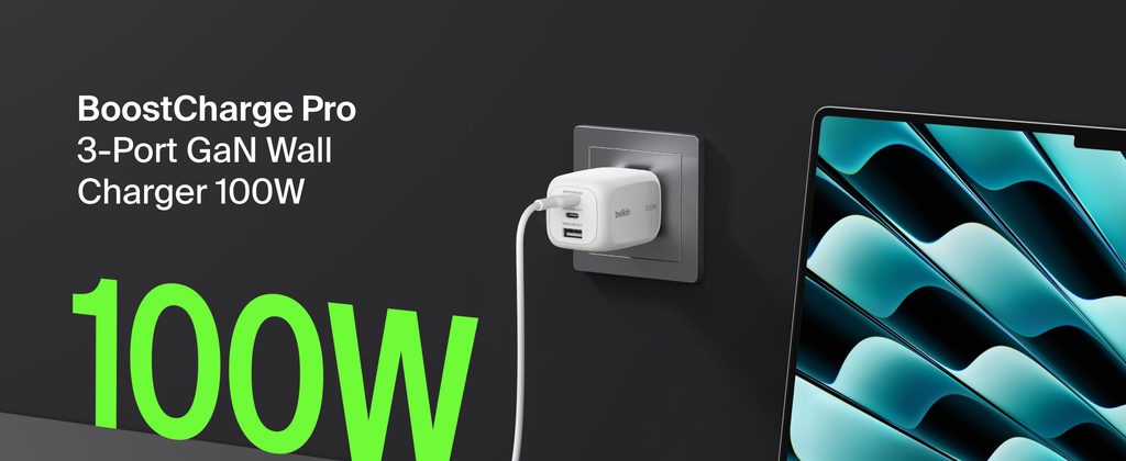 Belkin 3-Port GaN Wall Charger 100W + USB-C Cableのメーカー掲載画像