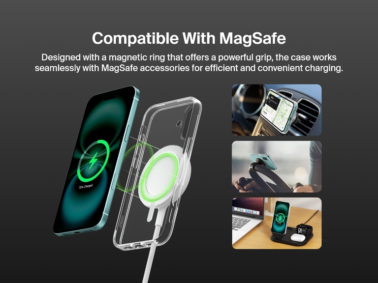 A promotional image showcasing the SheerForce™ Magnetic iPhone Case's MagSafe compatibility. The image highlights how the case securely attaches to MagSafe accessories, including car mounts, phone stands, and wireless charging docks, ensuring a seamless and efficient charging experience. The transparent case features a built-in magnetic ring for a strong connection to MagSafe-enabled devices.