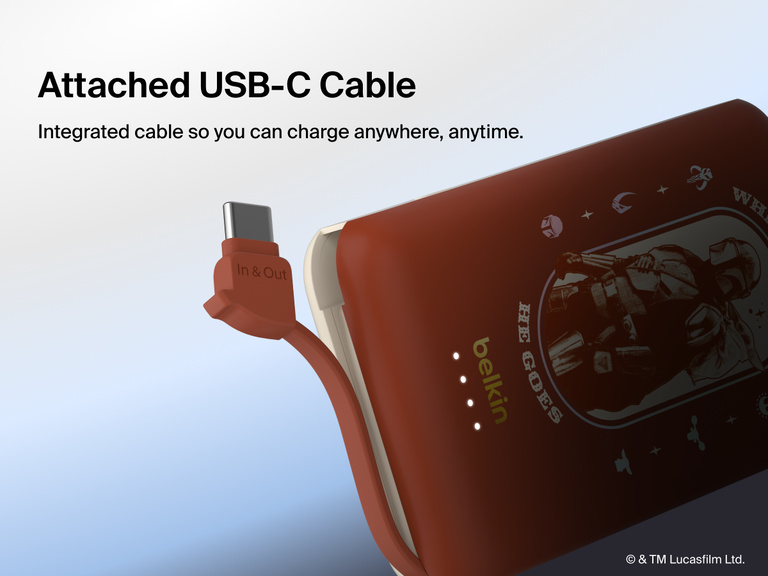 Close-up of the Belkin BoostCharge Power Bank 10K with Integrated Cable highlighting the built-in USB-C cable for convenient portable charging.