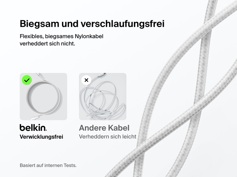 Belkin BoostCharge Pro USB-C to USB-C Braided Cable 240W shown with soft, flexible nylon design that resists tangling compared to standard cables.