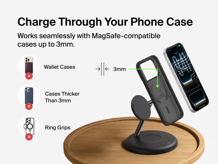 Belkin UltraCharge 3-in-1 Wireless Charging Stand with Qi2 25W demonstrating magnetic charging through MagSafe-compatible phone case up to 3mm thickness with compatibility guidelines shown