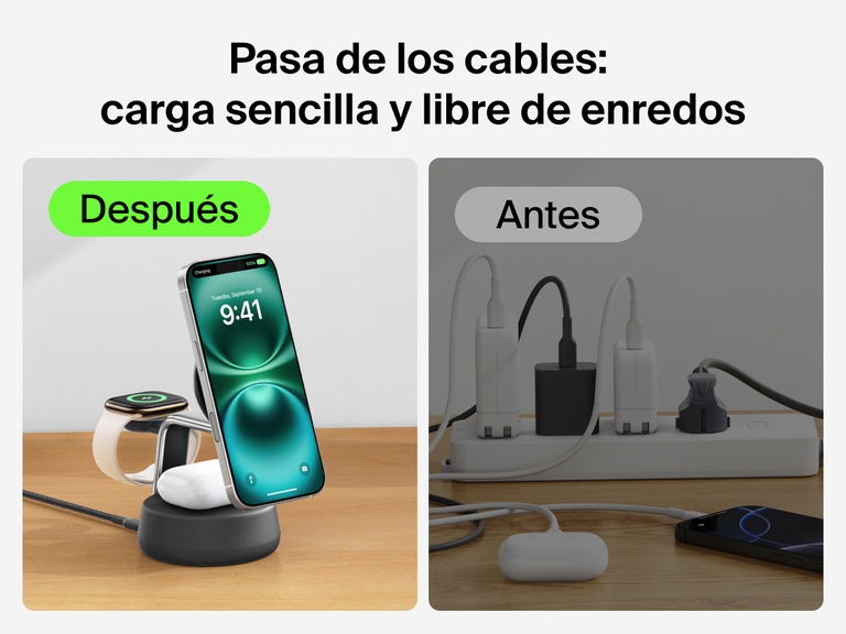 La estación magnética de carga 3 en 1 con Qi2 25W Belkin UltraCharge Pro suministra una carga sencilla y sin líos de cables. Podrás dejar tu maraña de cables en un cajón y reemplazarlos por nuestra elegante solución de carga para iPhone, Apple Watch y AirPods.