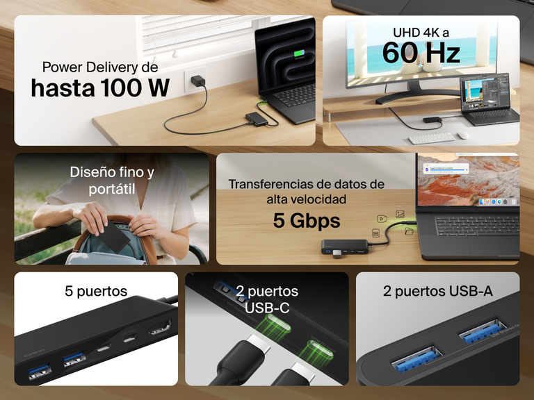 Belkin Connect 5-Port USB-C Hub with Dual USB-C Ports featuring 4K@60Hz display, 100W power delivery, 5Gbps data transfer, 2 USB-C and 2 USB-A ports, in a slim and portable design.