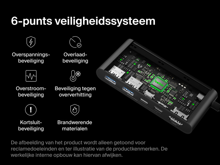 Belkin Connect 5-Port USB-C Hub with Dual USB-C Ports features a 6-point safety system with protection against overvoltage, overload, short circuit, overcurrent, overheating, and fire.