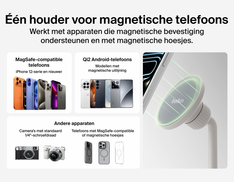 Image showing Belkin Stage Creator Kit magnetic mount compatible with MagSafe iPhones, Qi2 Android phones, and devices with magnetic cases or standard 1/4-inch screw threads for universal use.