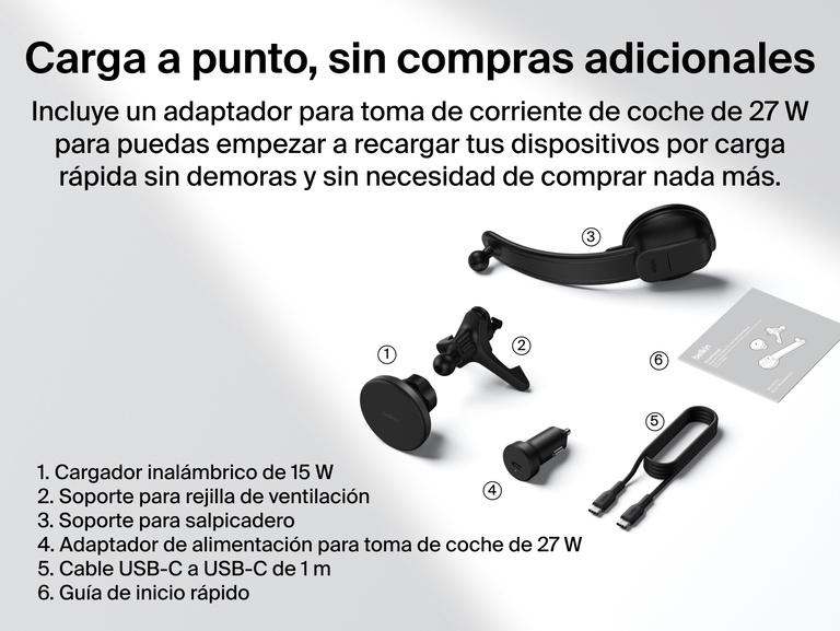 Belkin BoostCharge Magnetic Wireless Charging Car Vent and Dash Mount shown with all included components: 15W charger, vent mount, dash mount, 27W car adapter, USB-C cable, and quick start guide.