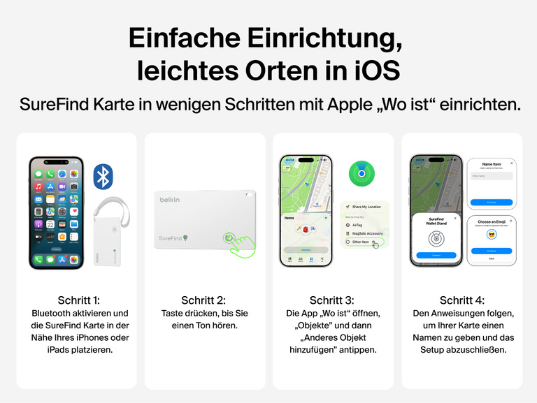 In einer Anleitung in vier Schritten wird gezeigt, wie sich die Belkin SureFind Karte mithilfe von Bluetooth f&uuml;r die App &bdquo;Wo ist&ldquo; auf einem iPhone oder iPad einrichten l&auml;sst.