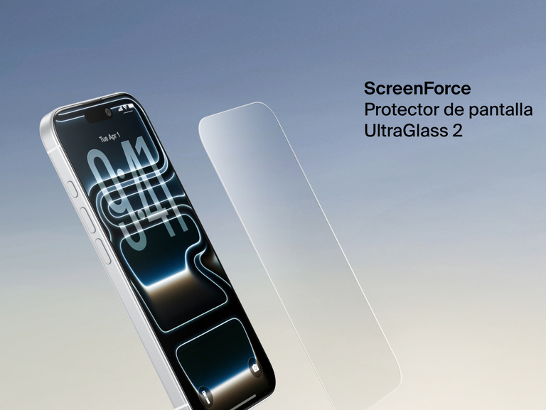 Belkin ScreenForce UltraGlass 2 Screen Protector shown next to an iPhone for durable, edge-to-edge screen protection.