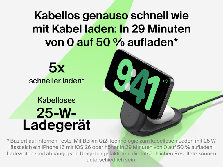 Die Belkin UltraCharge faltbare magnetische 3-in-1-Ladestation mit Qi2 25W ermöglicht kabelloses Laden so schnell wie mit Kabel, sodass Geräte in 29 Minuten von 0 auf 50 % aufgeladen werden können.
