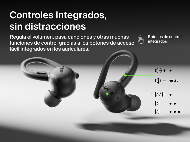 Belkin SoundForm ActiveFit Wireless Earbuds with secure ear hooks and built-in on-ear button controls for volume, track skipping, and playback.