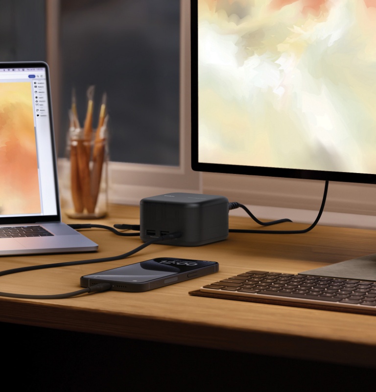 This USB-C docking station supports 96W PD to host and integrates GaN technology with a compact design. 