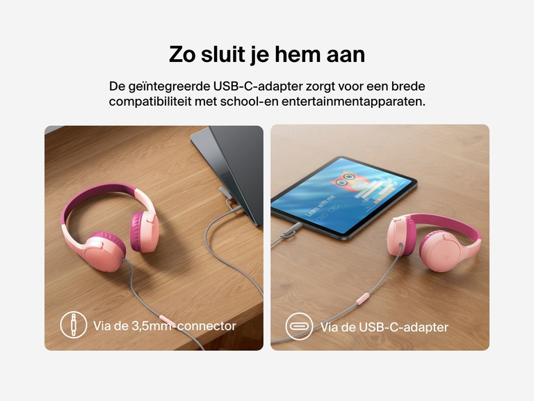 Side-by-side images showing Belkin Wired On-Ear Headphones for Kids connected to a laptop via 3.5mm audio jack and to a tablet via USB-C, demonstrating broad device compatibility.