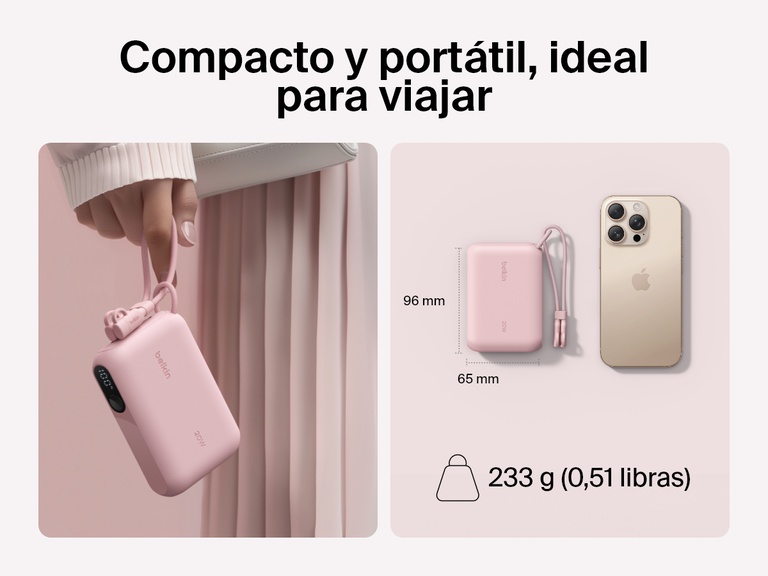 Se muestra la batería externa 10K con pantalla BoostCharge de Belkin en una mano y junto a un smartphone para hacer hincapié en su diseño compacto y portátil, ideal para viajar (dimensiones: 3,78 x 2,56 pulgadas y 233 gramos de peso).